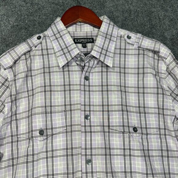 Express Shirt Mens Large Fitted Button Up Purple Stretch Plaid Roll Tab Sleeve - Picture 6 of 10